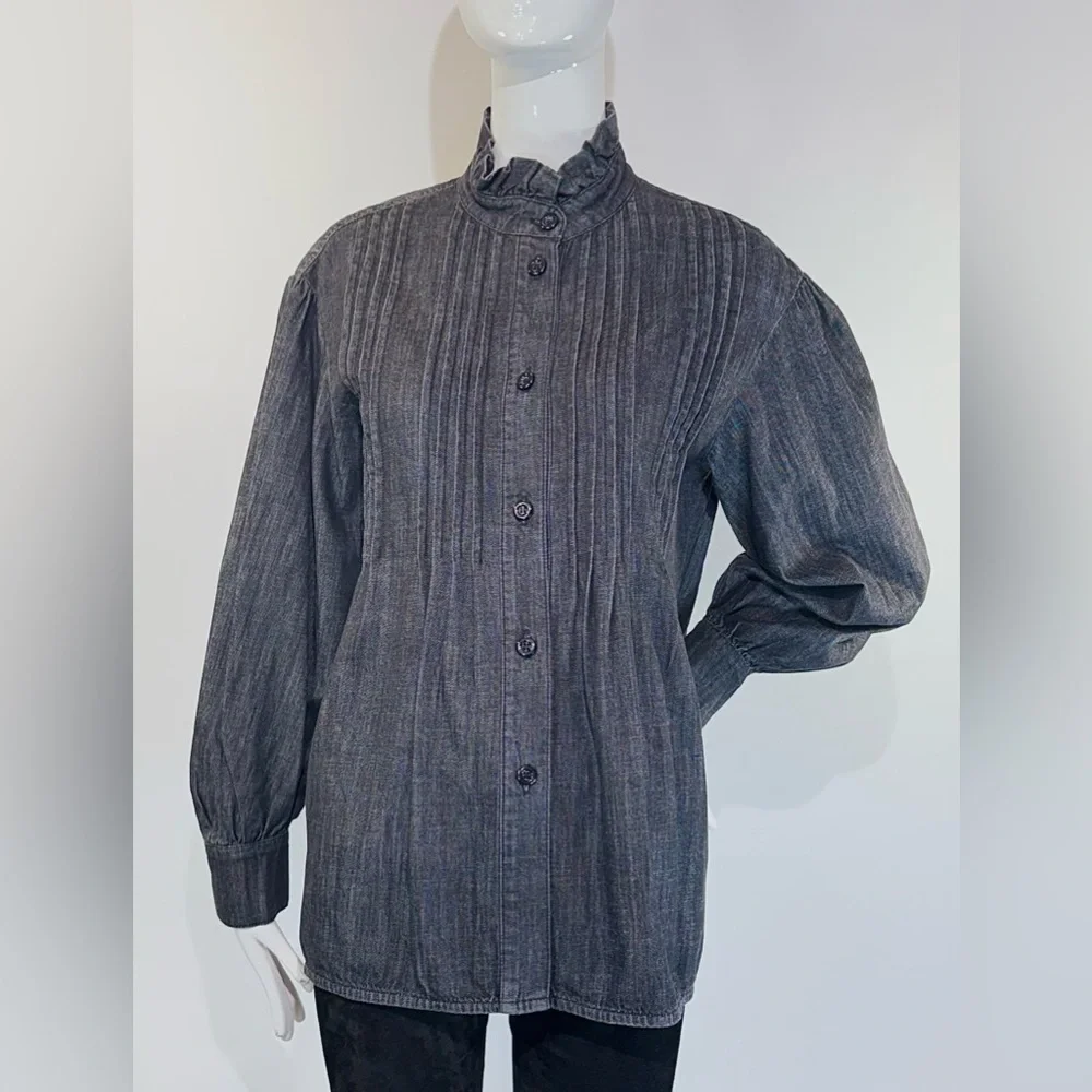 SEE BY CHOLÉ Ash Black Cotton Ruffled Denim Mock Neck Long Sleeves Shirt Size:S - Picture 1 of 11